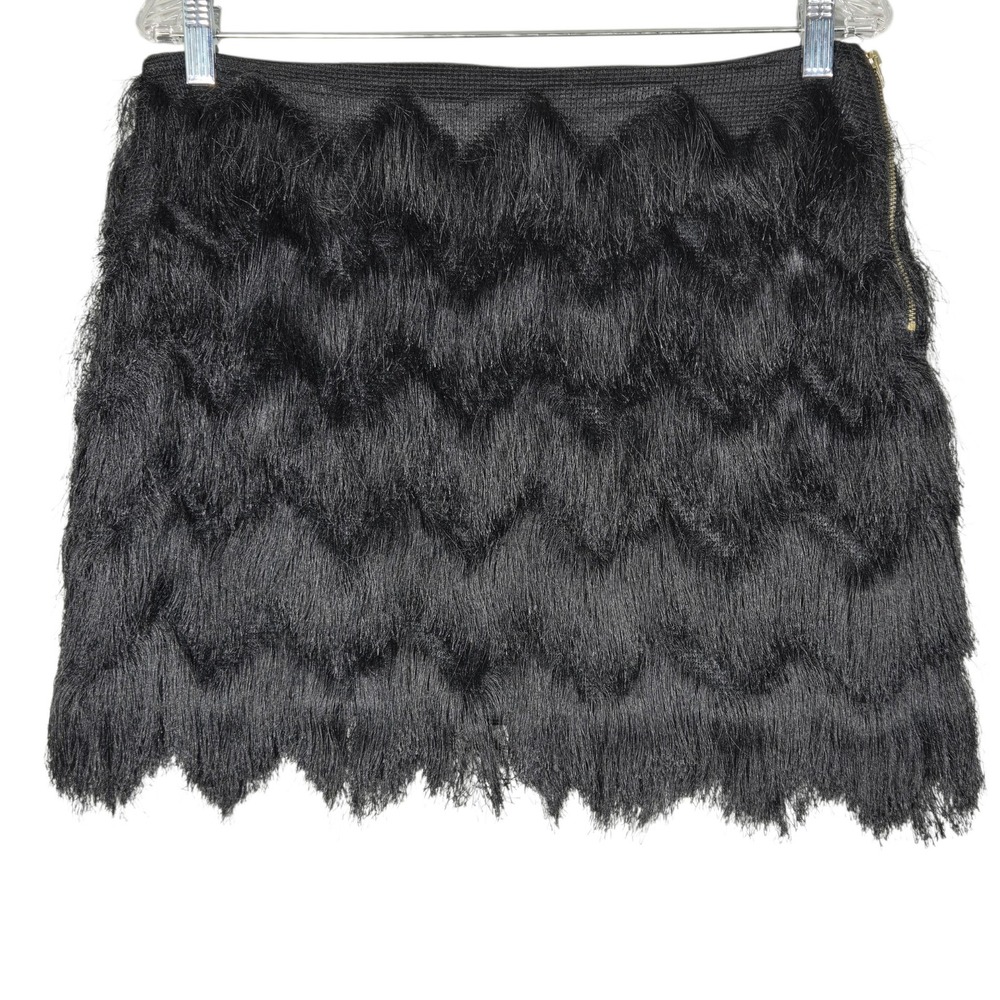 H&M Fringe Mini Skirt Womens M Black Tiered Going Out Party Festival Zip